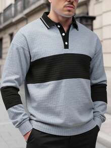 Manfinity Homme Men's Casual Contrast Color Button Half-Zip Pullover Sweatshirt, Long Sleeve Top - Grey - View 3