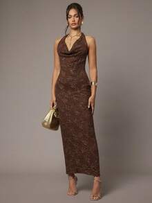 Silquee 畅销性感针织连衣裙，带有花卉串珠设计，优雅的紧身 V 领长裙，时尚网眼露背连衣裙，适合情人节约会、与朋友聚会、海滩度假、春夏连衣裙 - 卡其色 - 查看 5