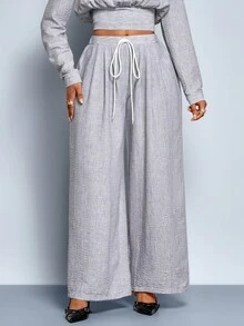 SOLERSUN Women's Autumn/Winter Casual Solid Color Textured Fabric Tie-Waist Wide-Leg Pants Casual Daily Wear Winter Women Thanksgiving Women - Grey - View 3
