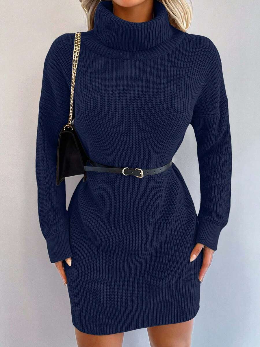 SHEIN Cottnline 女式休闲简约高领长袖毛衣裙 - 藏蓝色 - 查看 1