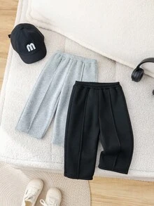 SHEIN 2件組女嬰針織彈性腰冬季長褲，保暖休閒黑色長褲，適合秋季返校穿搭，純色灰色運動褲 - 彩色 - 查看 6