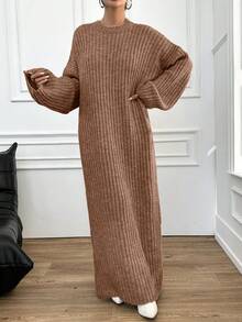 EURMUSE Women's Solid Color Drop Shoulder Long Sleeve Knit Casual Dress,Petite - Krem - View 7