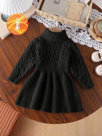 Baby Girls Khaki High Collar Pullover A-Line Sweater Dress, Soft Knit Fabric Suitable For Outdoor And Indoor Wear, Autumn/Winter