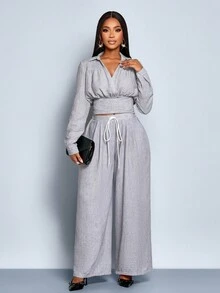 SOLERSUN Women's Autumn/Winter Casual Solid Color Textured Fabric Tie-Waist Wide-Leg Pants Casual Daily Wear Winter Women Thanksgiving Women - Grey - View 6