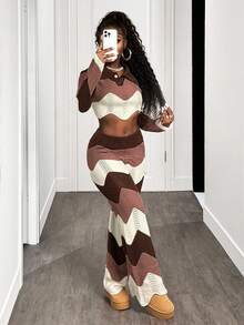 BamGleam Conjunto de pantalones de punto con rayas onduladas para mujer, otoño/invierno - Multicolor - Ver 7