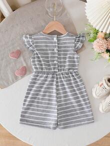 SHEIN Baby Girls Adorable Grey Striped Romper With Red Heart Embroidery Round Neck Ruffle Flounce Sleeves And Short Length Polyester Outfit - Grey - View 2