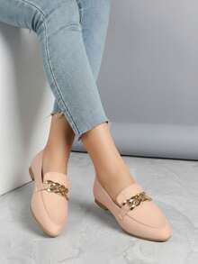 Zapatos para Mujer con Cadena Metálica Punta Cerrada Estilo Fashion Casual Oficina Ballet Flats - Beis - Ver 3