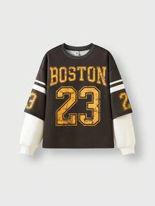 JNSQ Tween Boy Casual Pullover Sweatshirt, Colorblock Graphic Print Long Sleeve Sweatshirt, Suitable For Autumn, Winter Daily Wear, Outdoor Activities, Vacation, Streetwear, Party And Leisure - Coffee Brown - View 3