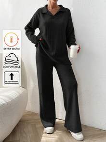 EURMUSE 2pcs/Set Solid Color Ribbed Polo Neck Loose Knit Sweater - Black - View 1