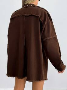 Cottnline 100%Cotton Studded Detail Flap Pocket Raw Trim Denim Coat - Brown - View 2