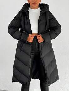 EURMUSE Plus Size Hooded Zipper And Pocket Winter Coat - Black - View 6