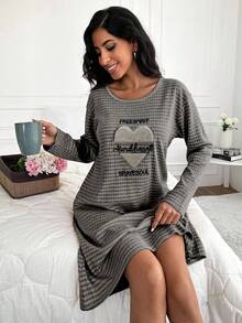 EURMUSE 100%Cotton Slogan Graphic Gingham Print Drop Shoulder Nightdress - Black - View 1