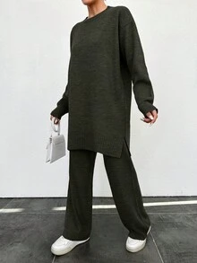 EURMUSE 2 pièces Set femme : pull col rond avec épaules tombantes & pantalon en maille - Militaire verte - Voir 5