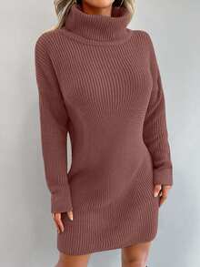 SHEIN Cottnline 女式休闲简约高领长袖毛衣裙 - 藕粉色 - 查看 5