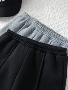 SHEIN 2件組女嬰針織彈性腰冬季長褲，保暖休閒黑色長褲，適合秋季返校穿搭，純色灰色運動褲 - 彩色 - 查看 3