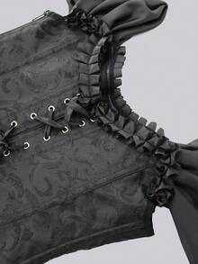 Sweetra 女式荷叶边饰边系带后背紧身胸衣上衣，塑身紧身胸衣复古提花上衣，女士休闲不对称，荷叶边，系带插肩袖露肩修身黑色纯色女式上衣，春夏，休闲日常穿着