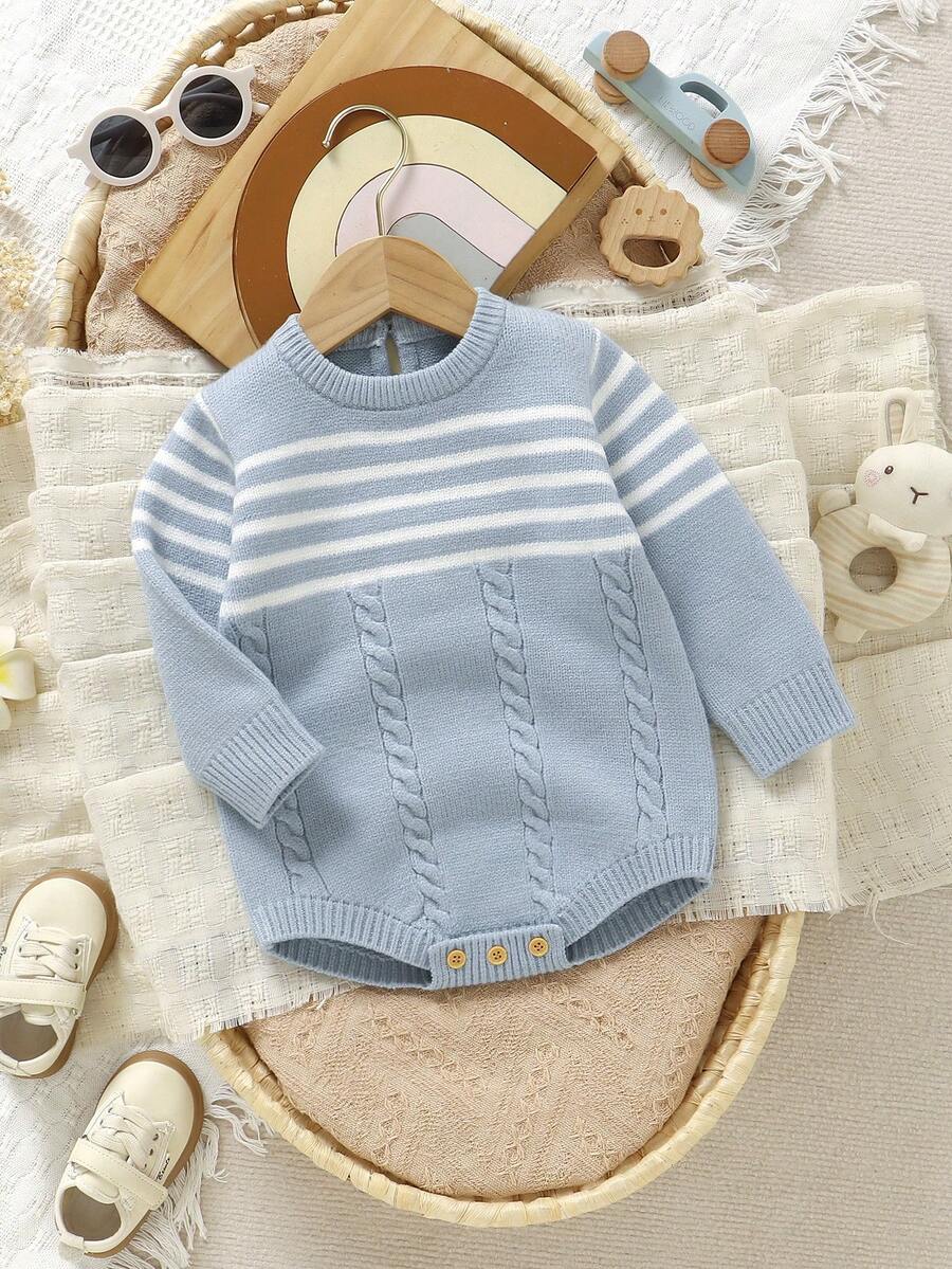 SHEIN Vintaside Kids 1件嬰兒條紋連身衣,圓領長袖扭繩設計,休閒簡約三角褲襠連身衣,適合秋冬 - 藍色 - 查看 1