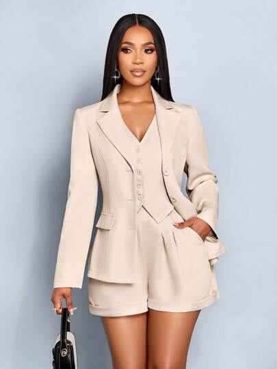 SOLERSUN 女士秋冬通勤纯色马甲外套短裤三件套日常休闲商务通勤