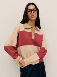 Nöista Relaxed Knit Rugby-Style Sweater Featuring Wide Horizontal Stripes In Beige And Deep Brick Red, With A Classic Polo Collar Button Placket. - Dusty Pink - View 4