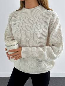 EURMUSE Cable Knit Mock Neck Casual Drop Shoulder Sweater - White - View 5