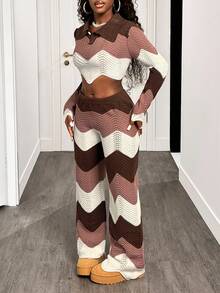 BamGleam Conjunto de pantalones de punto con rayas onduladas para mujer, otoño/invierno - Multicolor - Ver 3