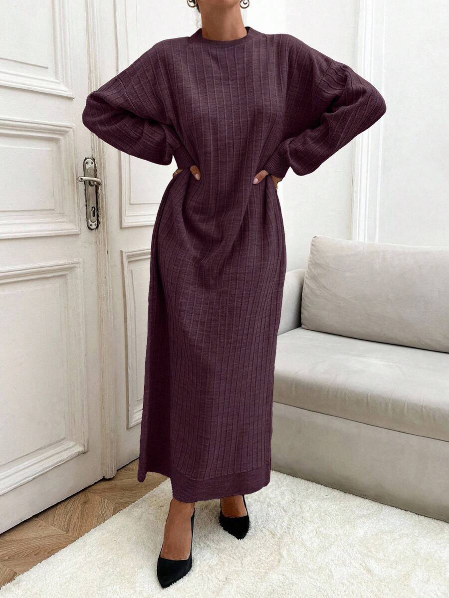 SHEIN Tall Abito maglione casual in maglia a costine, maniche lunghe, girocollo, lunghezza maxi, per donne alte - Bordò - Visualizzare 1