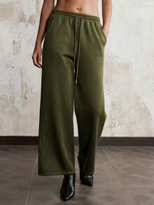 SHEIN Luminelle Women's Casual Straight Leg Pants With Back Pockets & Drawstring Waist - Army Green - View 3
