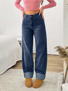 HIGH RISE STRAIGHT FOLDED UP HEM JEAN - Dark Wash - View 3