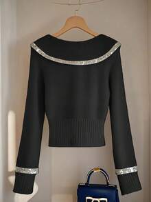 Franclia Women's Elegant Commuter Minimalist Fashion Sequin & Sequins Patchwork Turndown Collar Raglan Sleeve Fitted Knit Sweater