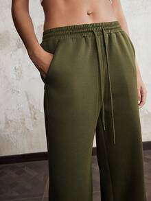 SHEIN Luminelle Women's Casual Straight Leg Pants With Back Pockets & Drawstring Waist - Army Green - View 5