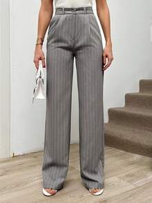 EURMUSE Striped Print Pleated Dress Pants - Light Grey - View 5