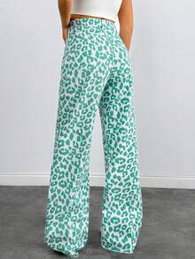 SHEIN Tall 100% 纯棉中腰宽腿豹纹高腰牛仔裤 - 彩色 - 查看 2