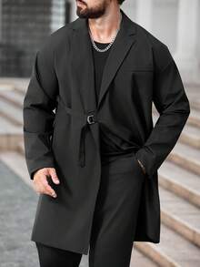 Manfinity CasualCool Áo khoác trench coat trơn màu thường ngày cho nam, màu đen, phong cách Old Money, mùa thu - màu đen - Xem 5