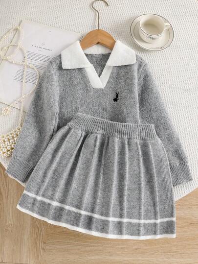 SHEIN Playful Pals 2pcs Girls Knitted Winter Set, Cute Embroidered Rabbit Decor Long Sleeve Sweater + Knitted Skirt, V-Neck Pullover, Elegant Casual Style For Autumn/Winter Girl Clothes Autumn And Winter Girls Spring And Autumn Dress Girls Sweater Dress Autumn And Winter Young Girls Dress Gray Uniform Dress For Girls