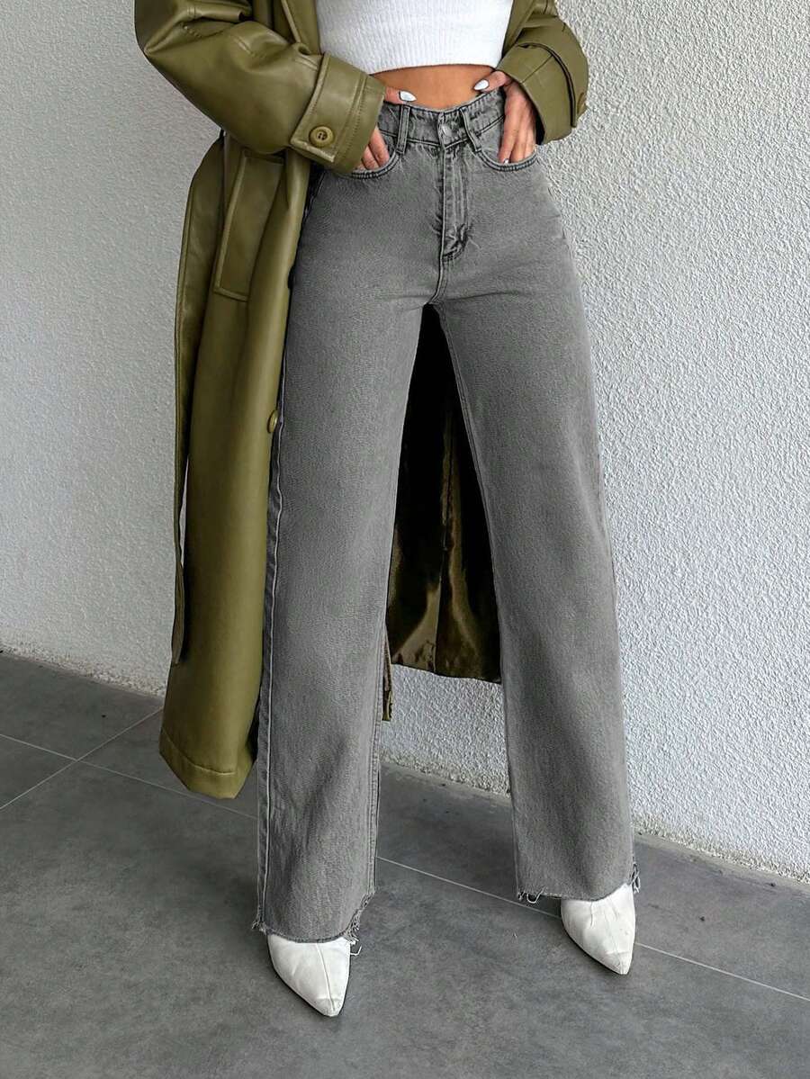 EURMUSE 女式休闲水洗高腰直筒牛仔裤 - 灰色 - 查看 1