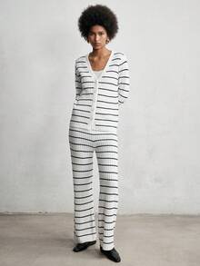 Lumivelle Women's Black & White Striped Cardigan, Button-Up Sweater Paired With Sweater Pants