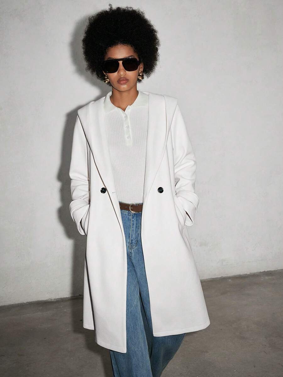 Lumivelle Women's Solid Color Hooded Overcoat, Fashionable For Autumn/Winter - White - View 1