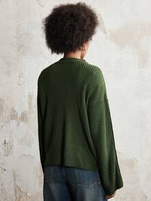 SHEIN LUNE 休闲纯色纽扣喇叭袖套头衫，秋冬 - 軍綠色 - 查看 3
