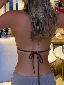 Swim Basics Summer Beach Drawstring Halter Triangle Bikini Top