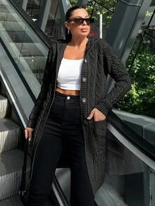 EURMUSE Áo khoác cardigan trùm đầu màu trơn thường ngày cho nữ, Thu/Đông - Màu xám đen - Xem 6