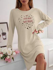 EURMUSE Women Contrast Colour Lettered Round Neck Long Sleeve Homewear Pajama Dress - Beige - View 1