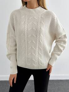 EURMUSE Cable Knit Mock Neck Casual Drop Shoulder Sweater - White - View 3