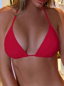 Swim Basics 2025 Women's Solid Color Halter Tie Sexy Bikini Top, Summer Beach - Red - View 4