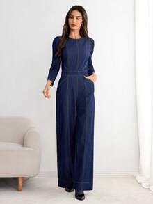 Selianne 女士时尚通勤泡泡袖牛仔连体裤 - 藍色 - 查看 6