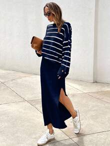 SHEIN Tall Damen gestreifter Pullover mit Drop Shoulder und gestrickter Schlitzrock Set