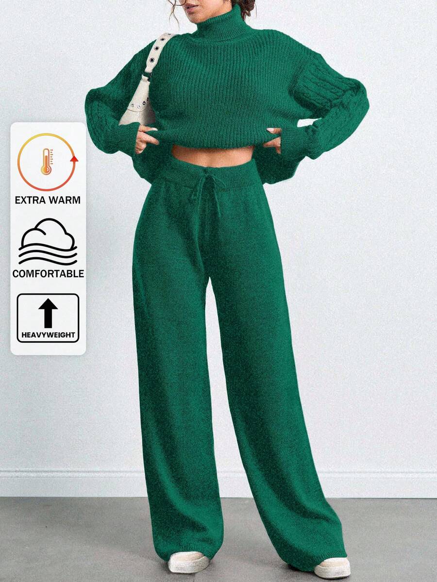 SHEIN Tall Turtleneck Drop Shoulder Sleeve Sweater And Pants Set,Co Ords Sets Women,Petite Co Ord,Co Ord,Petite,Winter Clothes - Dark Green - View 1