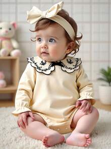 Playful Pals Baby Girls' Countryside Embroidered Peter Pan Collar Bow Frill Cuff Long Sleeve Bodysuit, Autumn - Beige - View 3