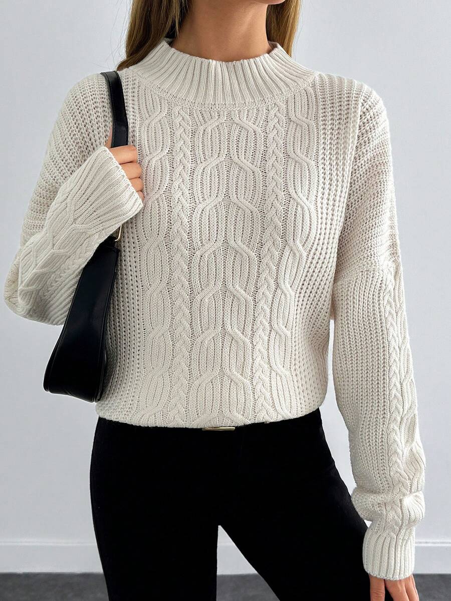 EURMUSE Cable Knit Mock Neck Casual Drop Shoulder Sweater - White - View 1