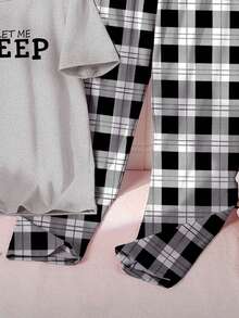 青少年女孩两件套睡衣套装，简约黑色字母印花 T 恤和经典黑白格子裤，时尚休闲家居服 - 黑色 - 查看 6