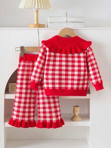 SHEIN Playful Pals 2pcs Baby Girls Ruffled Plaid Top And Pants Set, Comfortable Casual Outfit For Autumn/Winter - Red - View 2